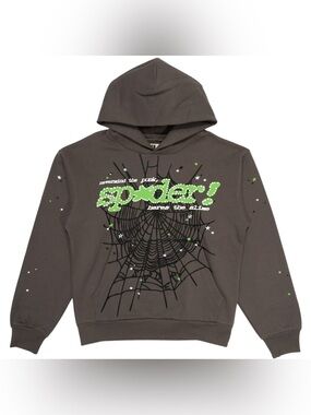 Sp5der Punk V2 Hoodie, Grey/Green - Small
